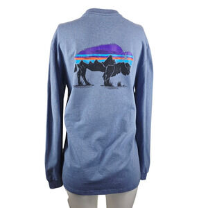 Patagonia Blue Long Sleeve Signature Buffalo Mountain Back Design Women's Top M